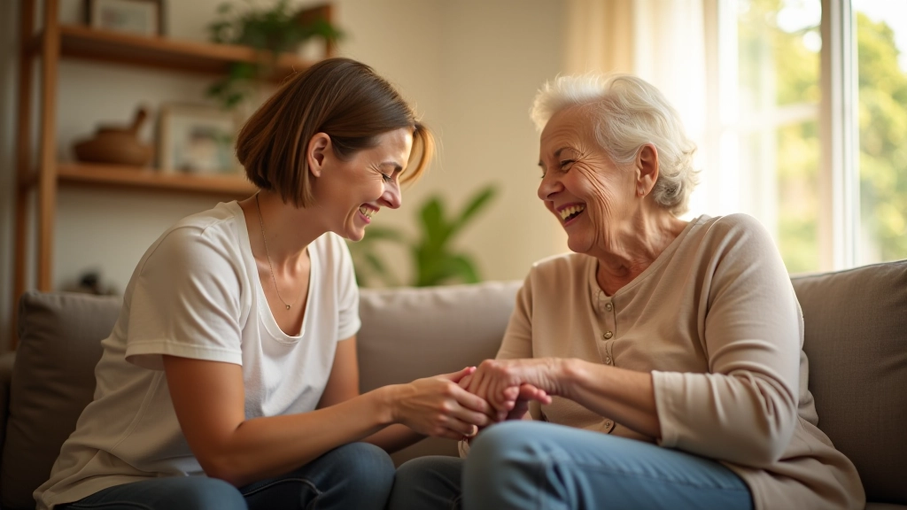 Adult daughter helping elderly parent with household tasks