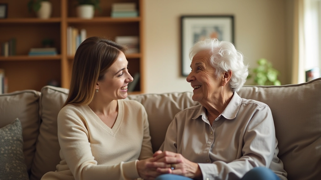 Adult daughter visiting elderly mother at home