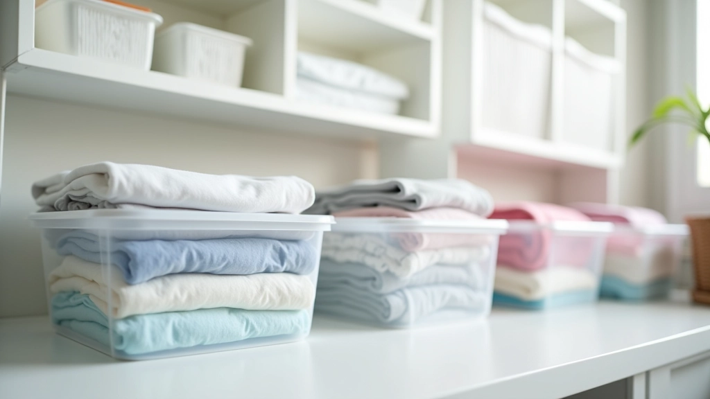 Clean laundry baskets with folded clothes sorted by color and size, organized in a bright laundry room