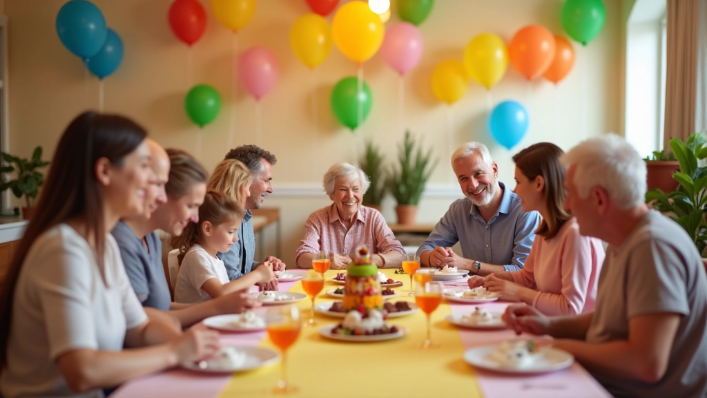 Family celebration with decorated table and guests