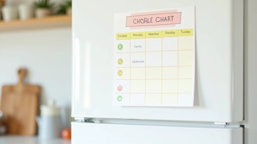 Chore chart on refrigerator with color-coded tasks assigned to different family members by age