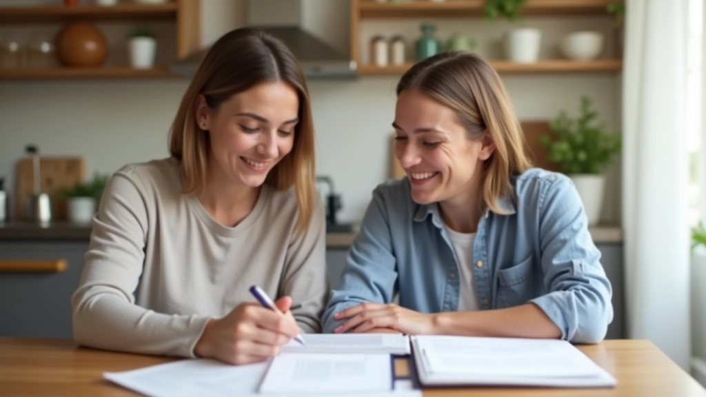 Parents reviewing childcare options at kitchen table with notes and calendar