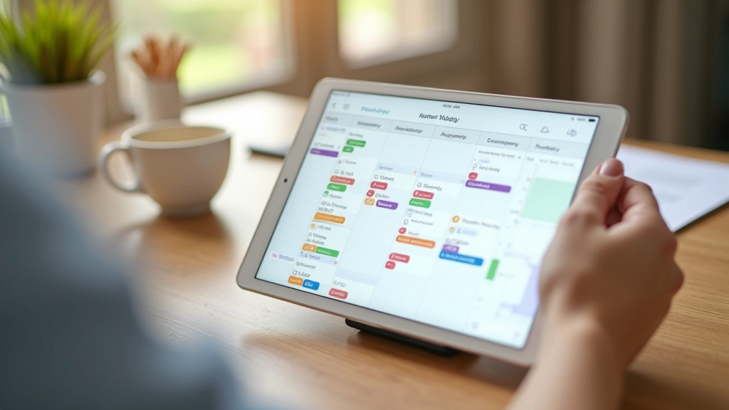 Digital calendar on tablet showing weekly family schedule with color-coded events for multiple family members