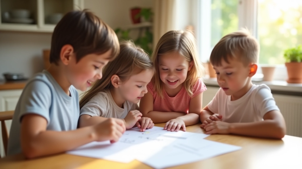 Family sitting together at kitchen table reviewing weekly schedule and task list