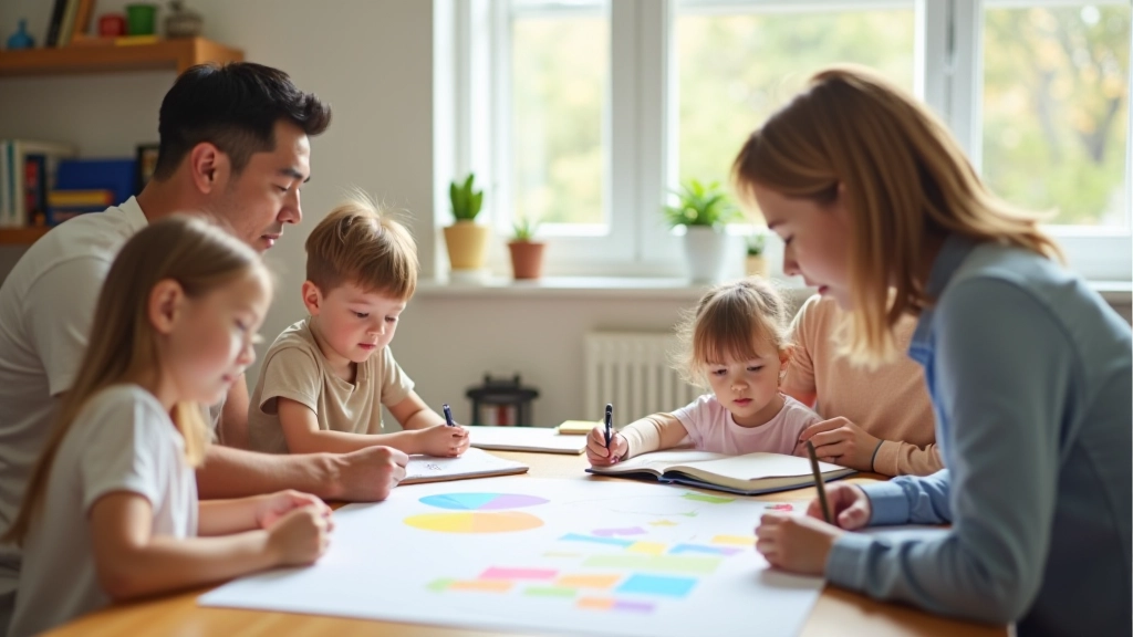 Family of four with mixed ages around table discussing plans