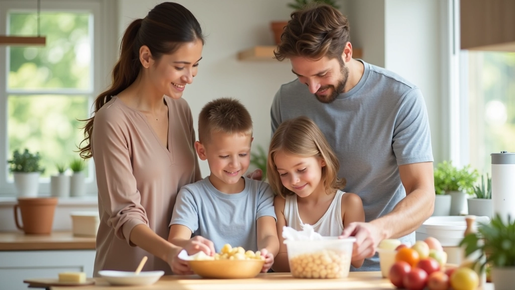 Family of four working together in kitchen, organizing and preparing meals for the week