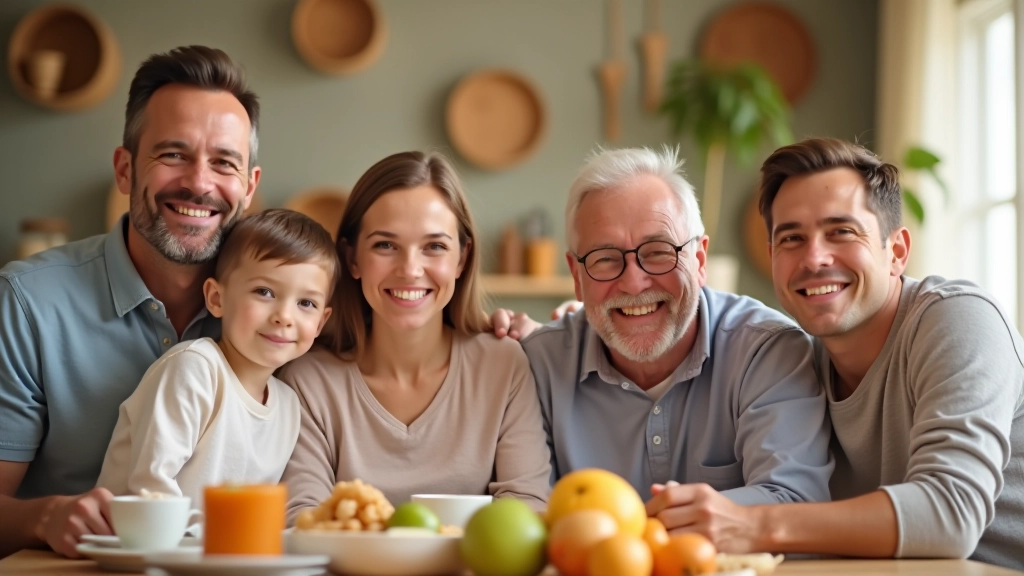 Family of different ages sitting together at dining table, looking relaxed and organized