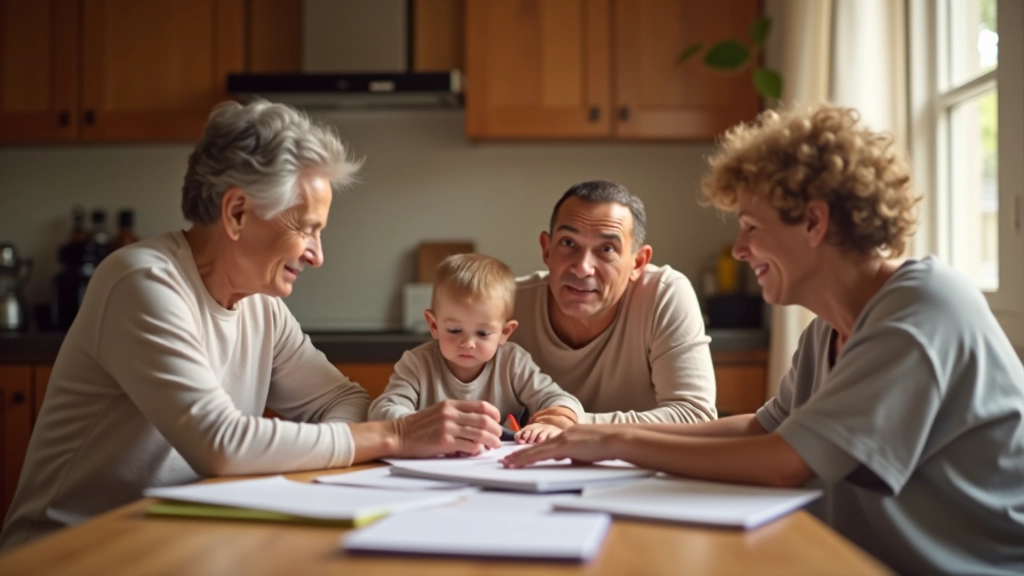 Multi-generational family gathered around a kitchen table planning and organizing schedules together