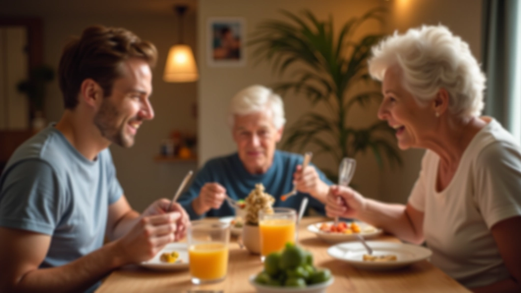 Multi-generational family gathered around table sharing meal, warm lighting, togetherness and connection