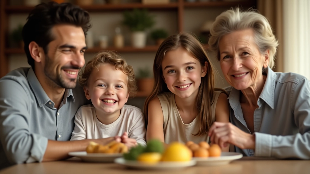 Multi-generational family gathered around a dining table