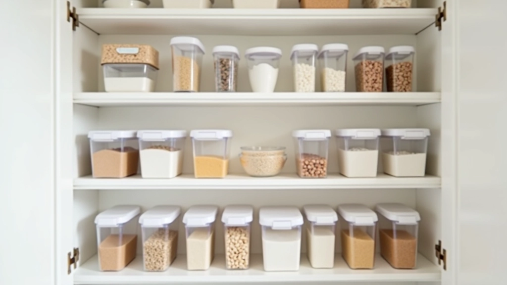 Pantry shelves organized with labeled clear containers of dry goods, snacks, and baking ingredients