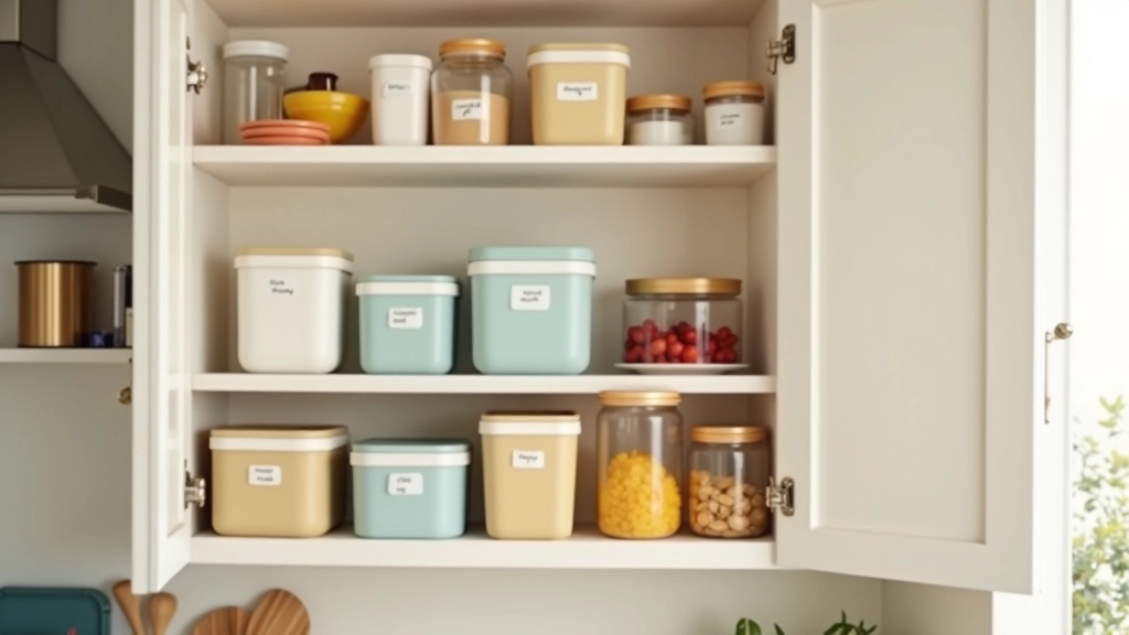 Organized pantry and kitchen cabinet with labeled containers