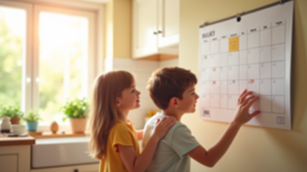 Parent and child looking at a calendar together on kitchen counter