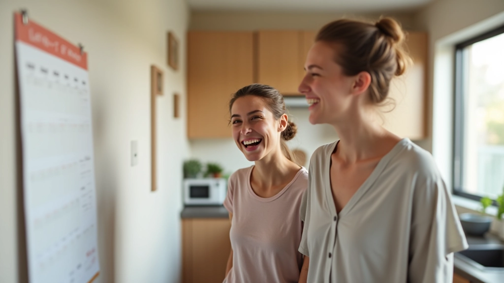 Parent and teenager discussing calendar while standing in kitchen doorway