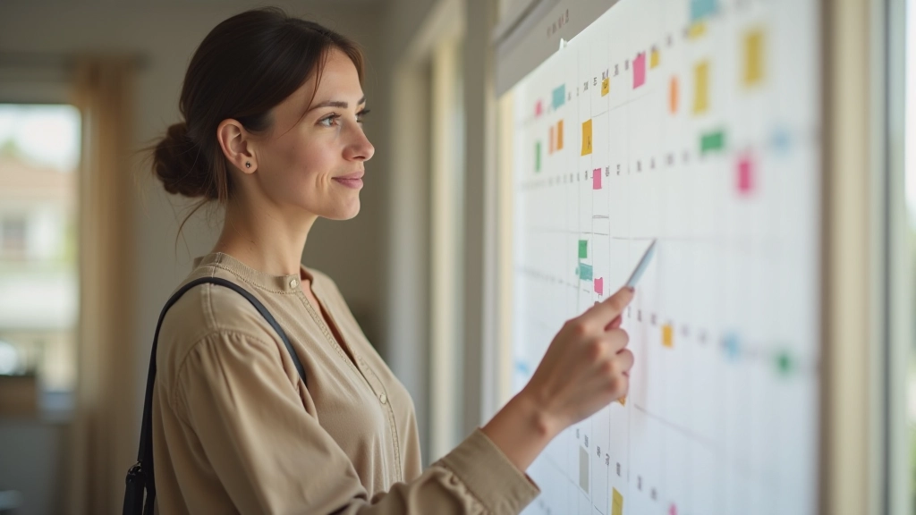 Parent coordinating childcare schedule on wall calendar with color-coded system