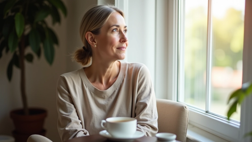 Woman taking break, sitting by window with cup of tea, peaceful moment of self-care, natural light
