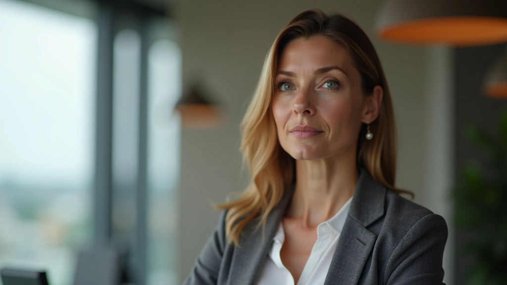 Mature professional woman at desk with laptop, portrait from chest up, thoughtful expression, modern office background